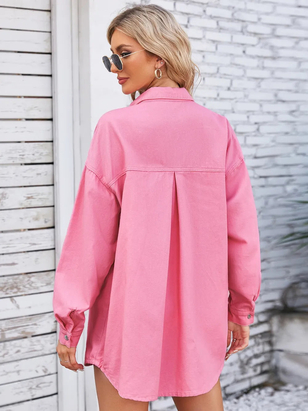 Washed loose long sleeved denim shirt top