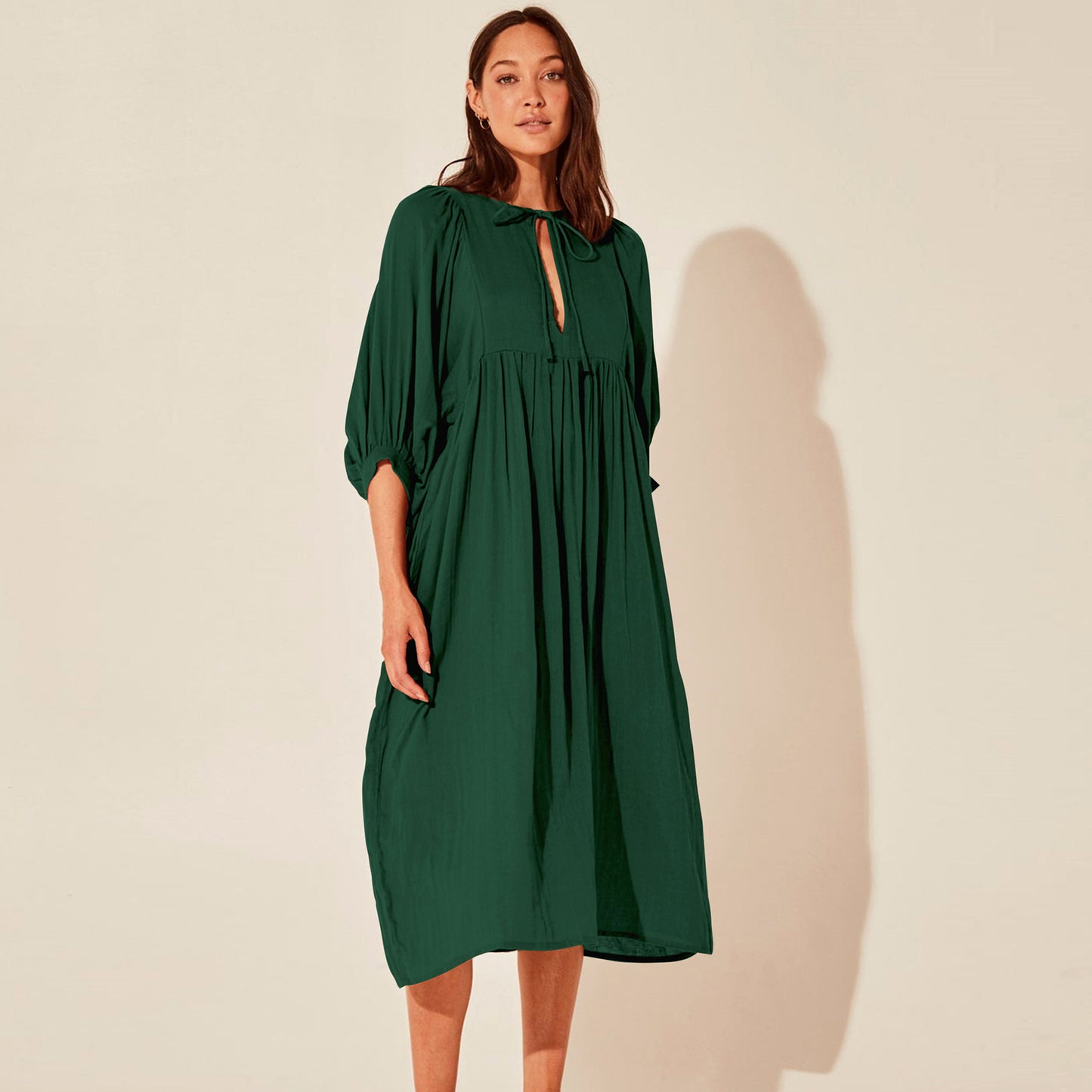 Autumn New Large Size Loose Long Sleeve Lantern Sleeve Casual Retro Solid Color Long Dress