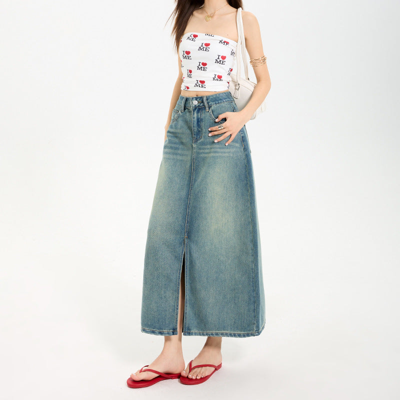 High Waist Slit Denim Skirt Women's Mid-Length Vintage A-Line Fitted Skirt