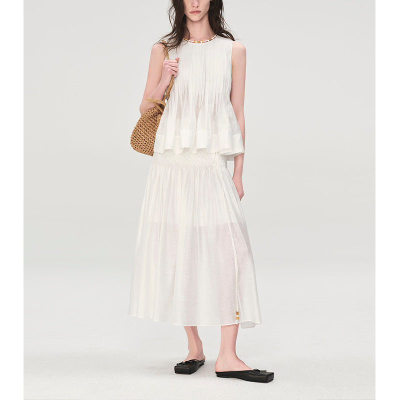 Elegant Ruffled Lace Sleeveless Blouse for Women with Round Neck and Beaded Decoration