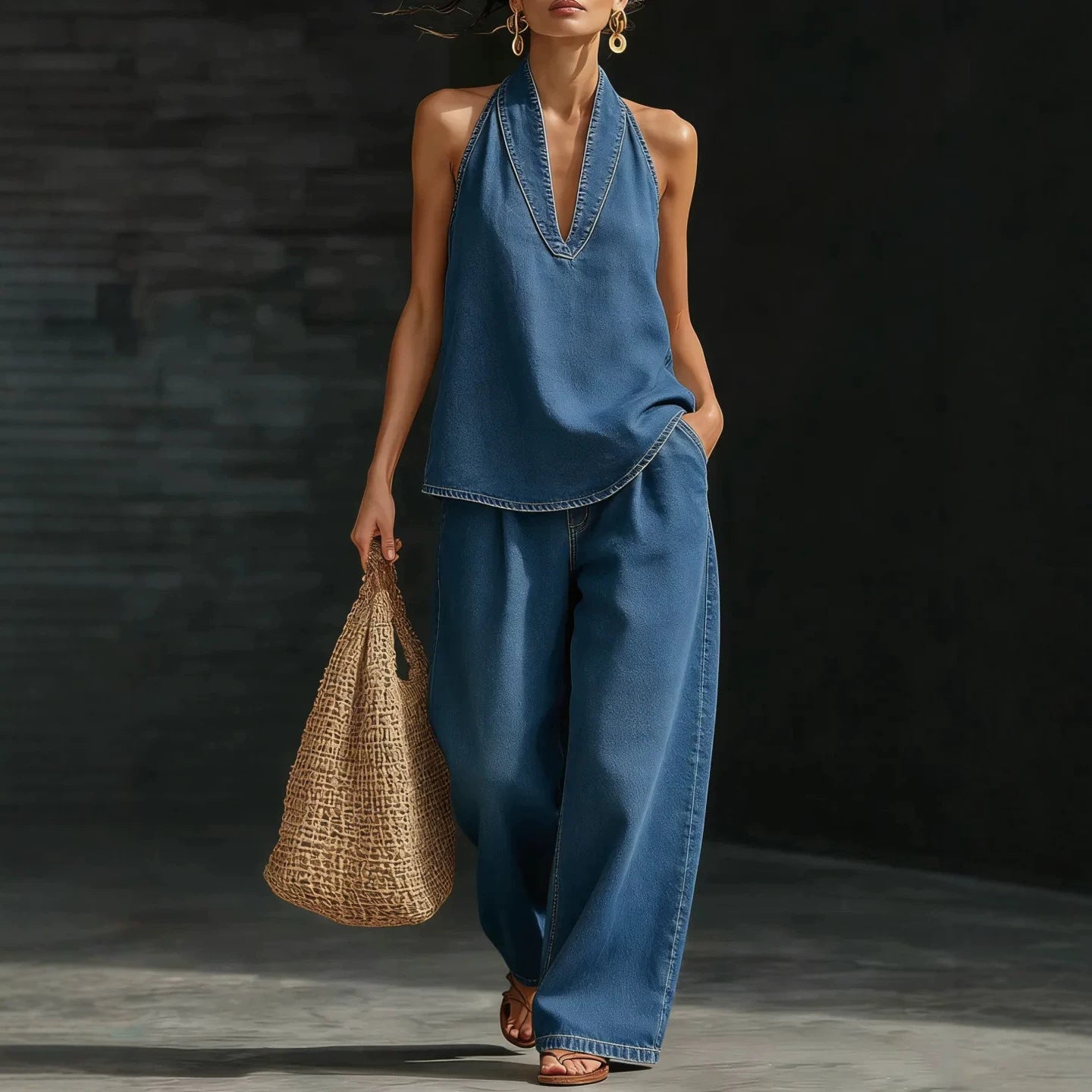 Neck top wide leg pants set