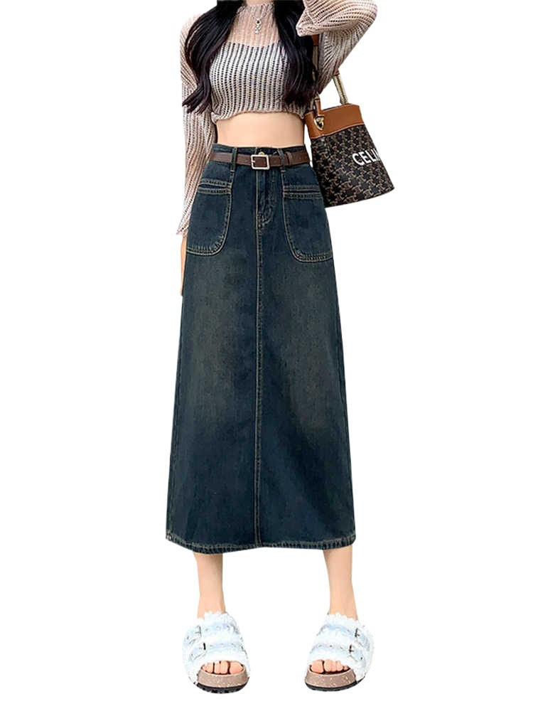 Vintage Front Patch Pocket Denim Midi Skirt for Women High WaistStraight Fit, Mid-Length