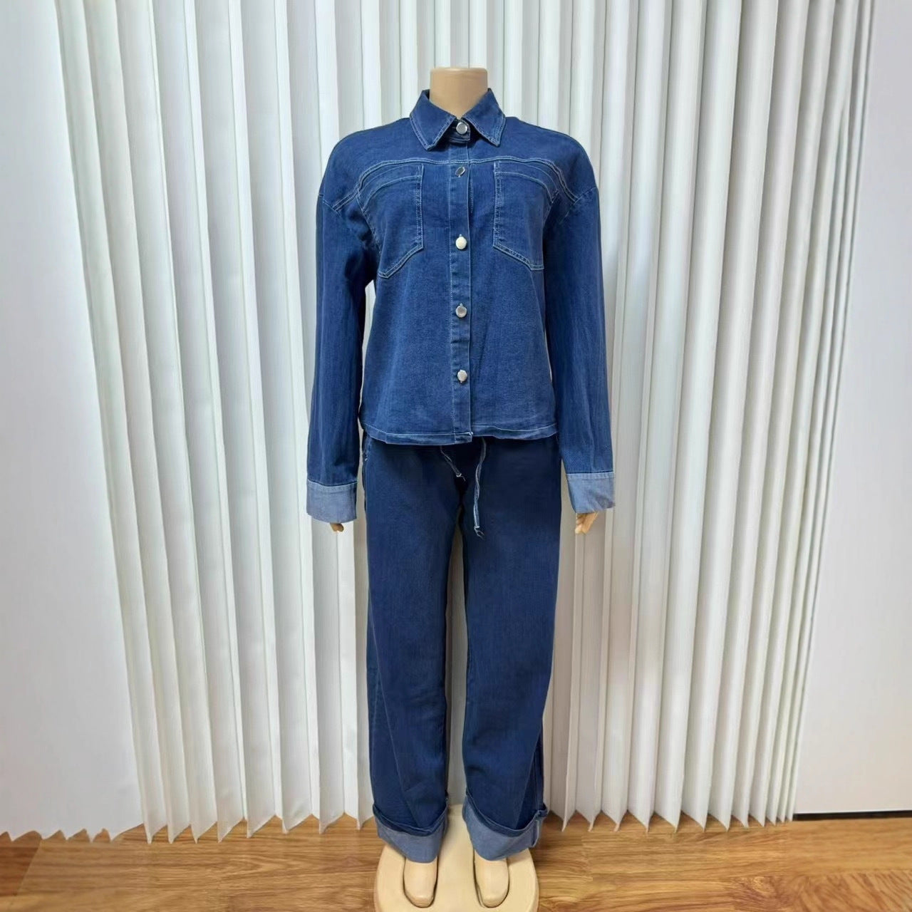 Vintage Button-Down Long Sleeve Workwear Denim Pants for Women