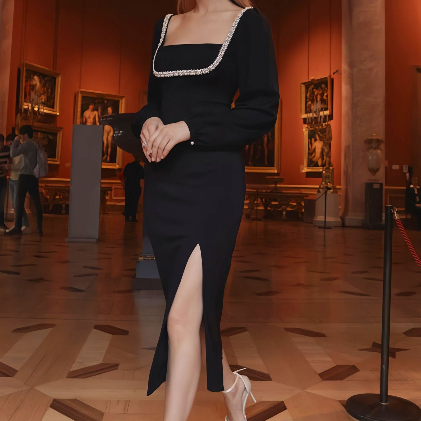 Elegant Low-Cut Square Neck Beaded Lantern Sleeve Fitted Slit Evening Dress
