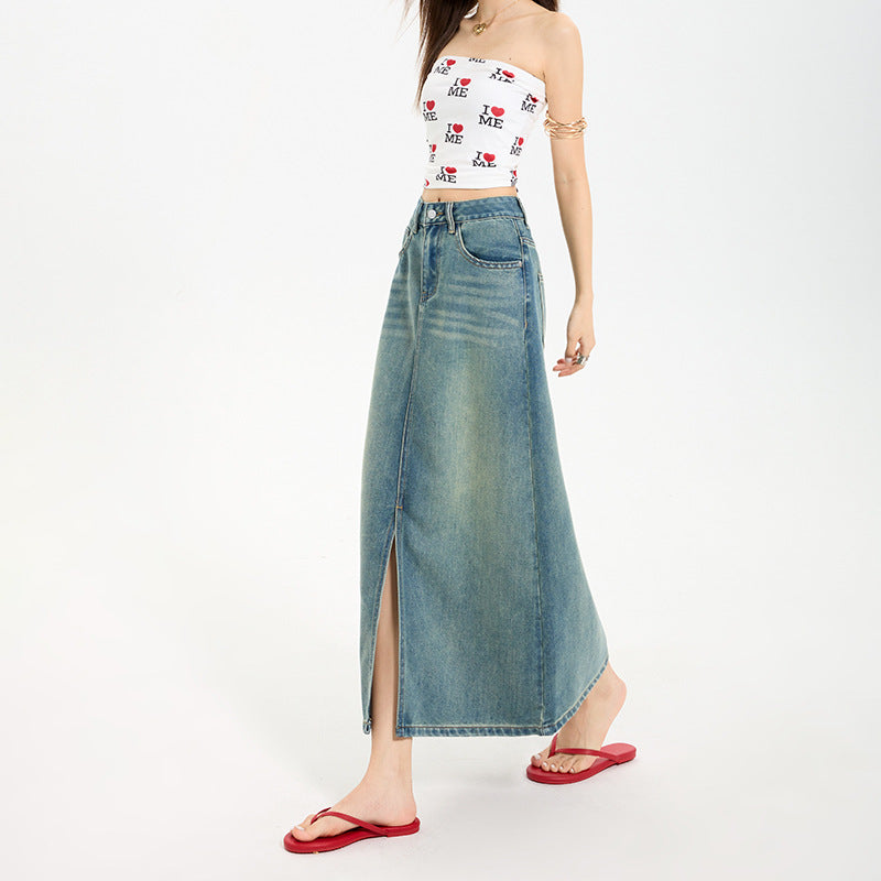 High Waist Slit Denim Skirt Women's Mid-Length Vintage A-Line Fitted Skirt
