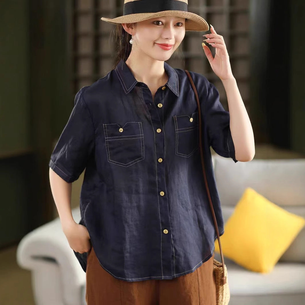 Buttoned Linen Shirt Women's Elegant Turn-Down Collar Short Sleeve Blouse Thin Top