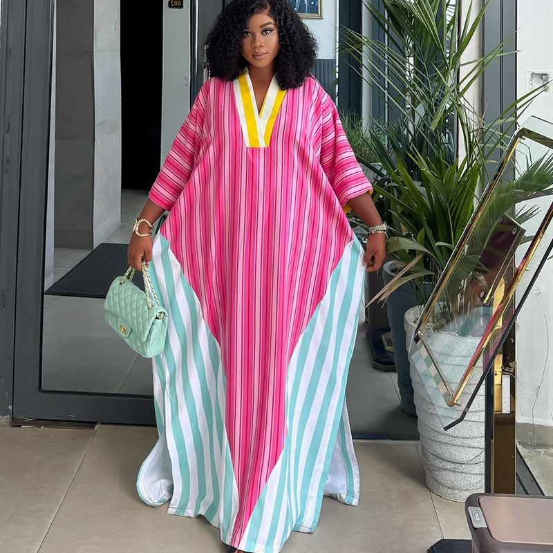 V-neck striped loose long dress