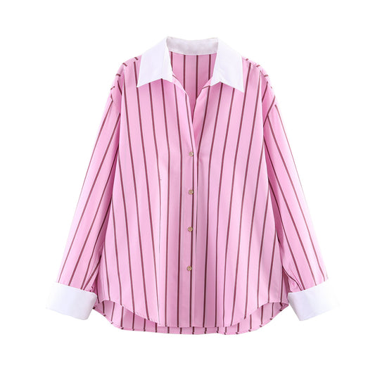 Long sleeved lapel contrasting cuffs striped shirt