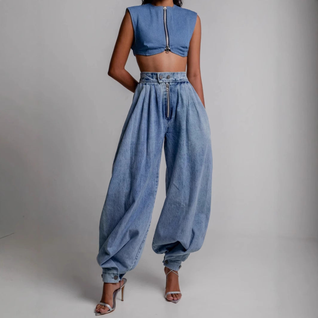 Balloon Pants High Waist Zipper Cuff Loose Long Trousers Women Blue Washed Denim