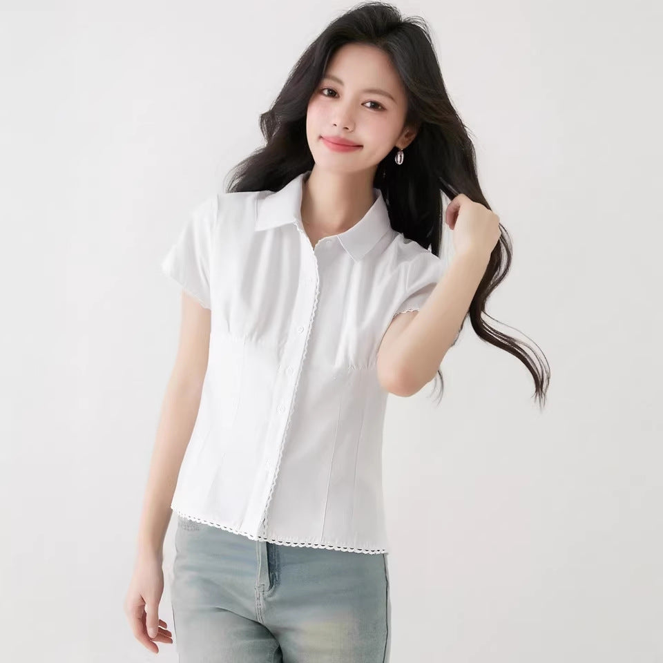 White Lace Short Sleeve Shirt for WomenPolo Collar, Fitted Blouse