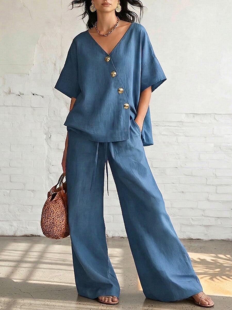 Women's Fashion Casual Solid Color V-Neck Loose Short Sleeve Top with Drawstring Pants Two-Piece Set