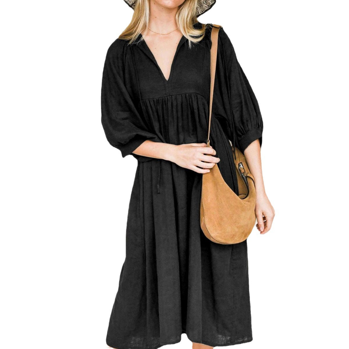 Autumn New Large Size Loose Long Sleeve Lantern Sleeve Casual Retro Solid Color Long Dress
