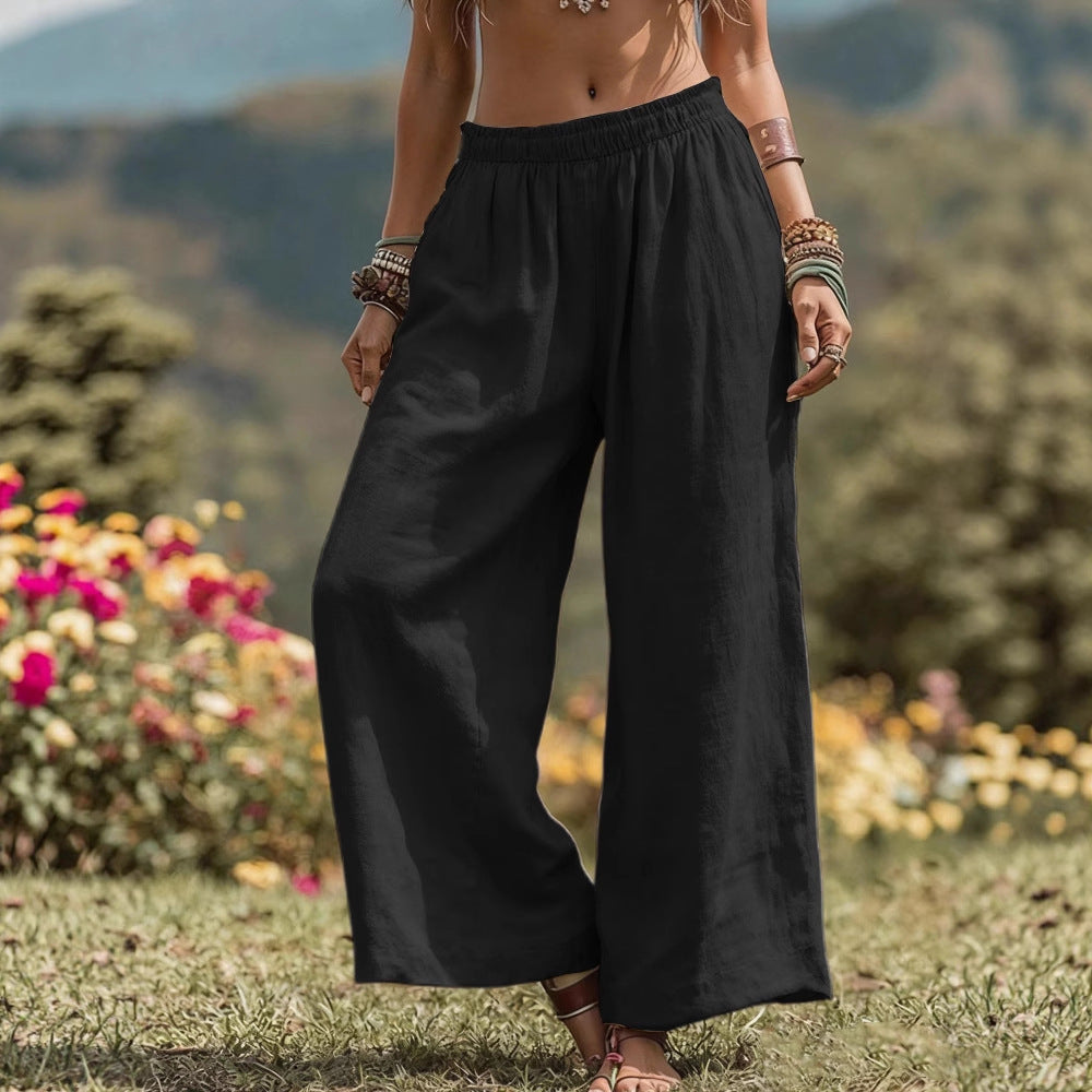 Loose Side Pocket Elastic Waist Cotton Linen Wide Leg Pants for WomenCasual Fashion Bottoms