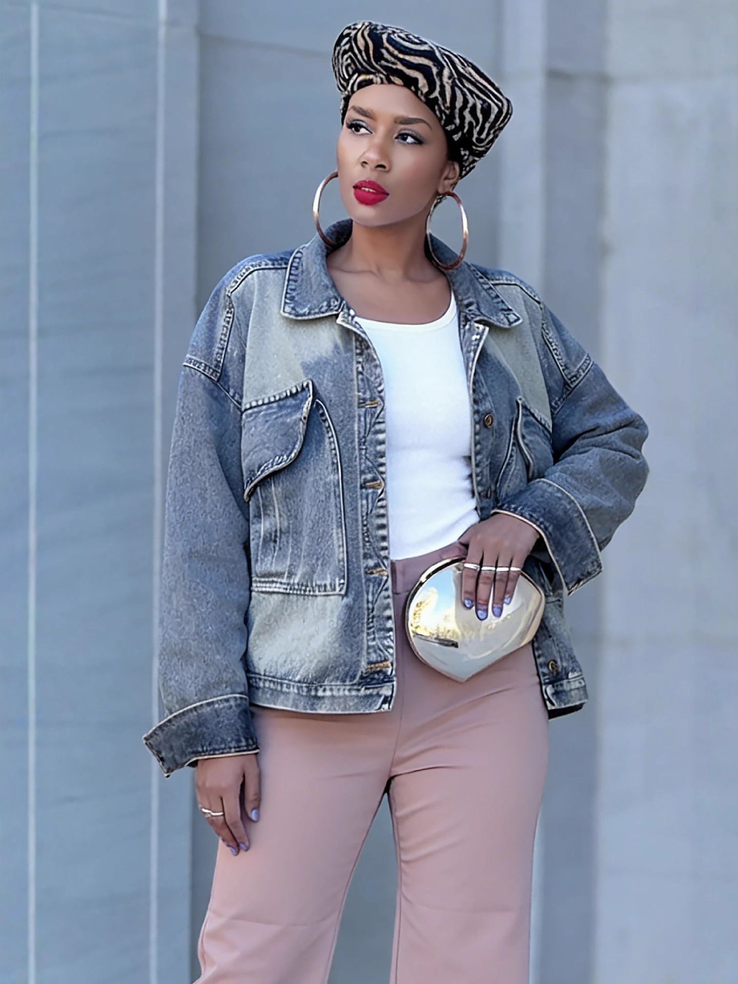 Street Style Loose Fit Oversized Pocket Bleached Denim Jacket