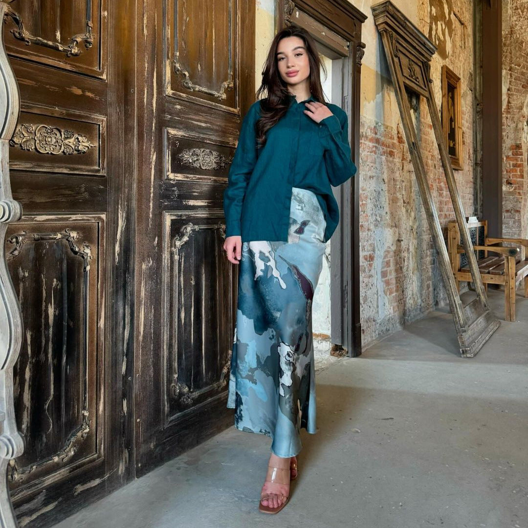 Long Sleeve Blouse with High Waist Printed Bodycon Skirt Set