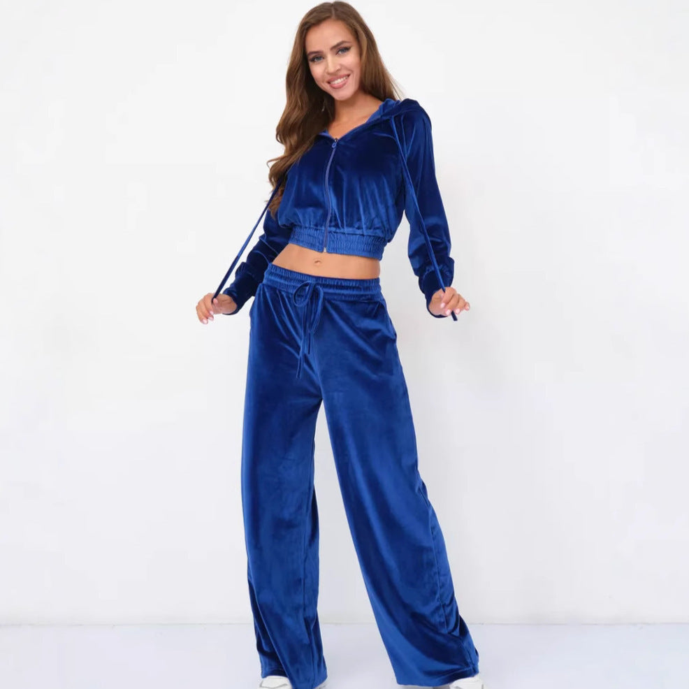 Women's Solid Color Zip-up Hoodie and Drawstring Pants Two-Piece Set