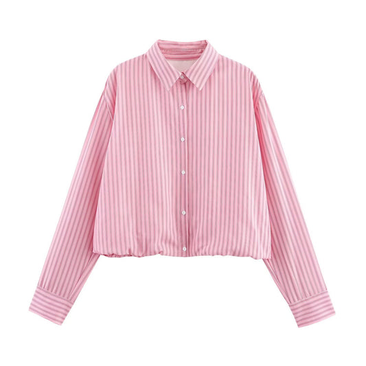 Collar single breasted long sleeved striped pink shirt for women