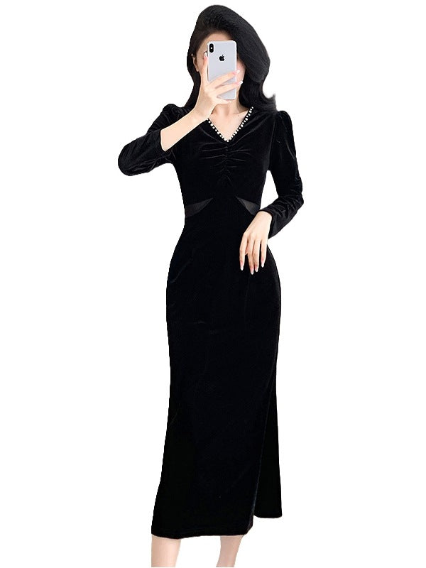 Fashionable Autumn/Winter New Elegant Hollow-Out Design Spliced Mermaid Velvet Dress
