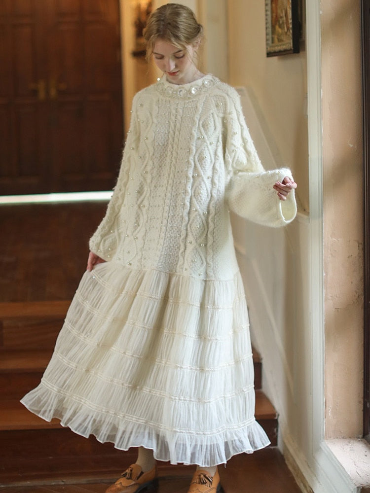 Wool Handmade Beaded Sparkling Elegant Big Skirt False Two-Piece Loose Sweater Dress