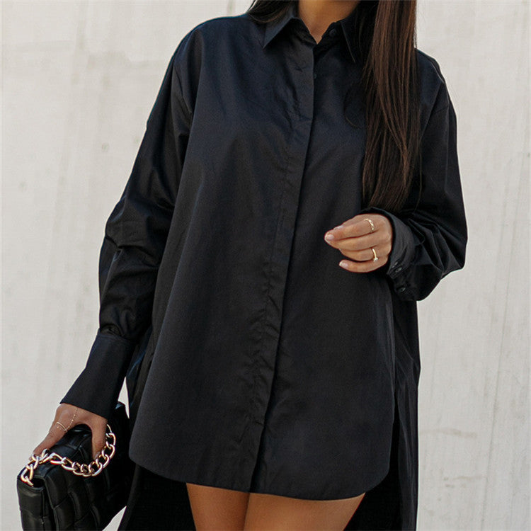 Long sleeved shirt casual solid color loose collar irregular shirt for women