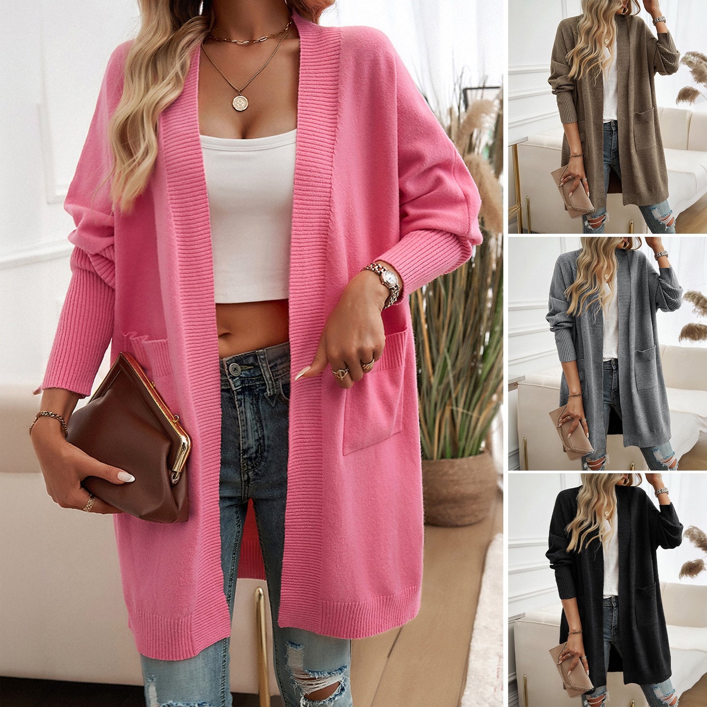 Autumn and winter European and American women's batsleeved temperament cardigan solid color sweater jacket