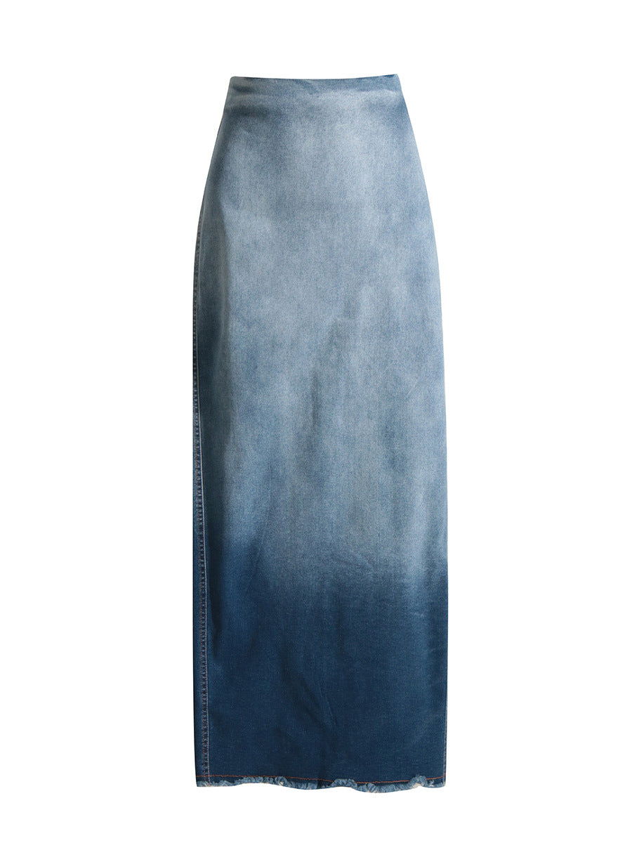 Denim Summer Skirts For Women High Waist Ombre Hit Color Raw Hem A Line Temperament Skirt Female Fashion Clothes