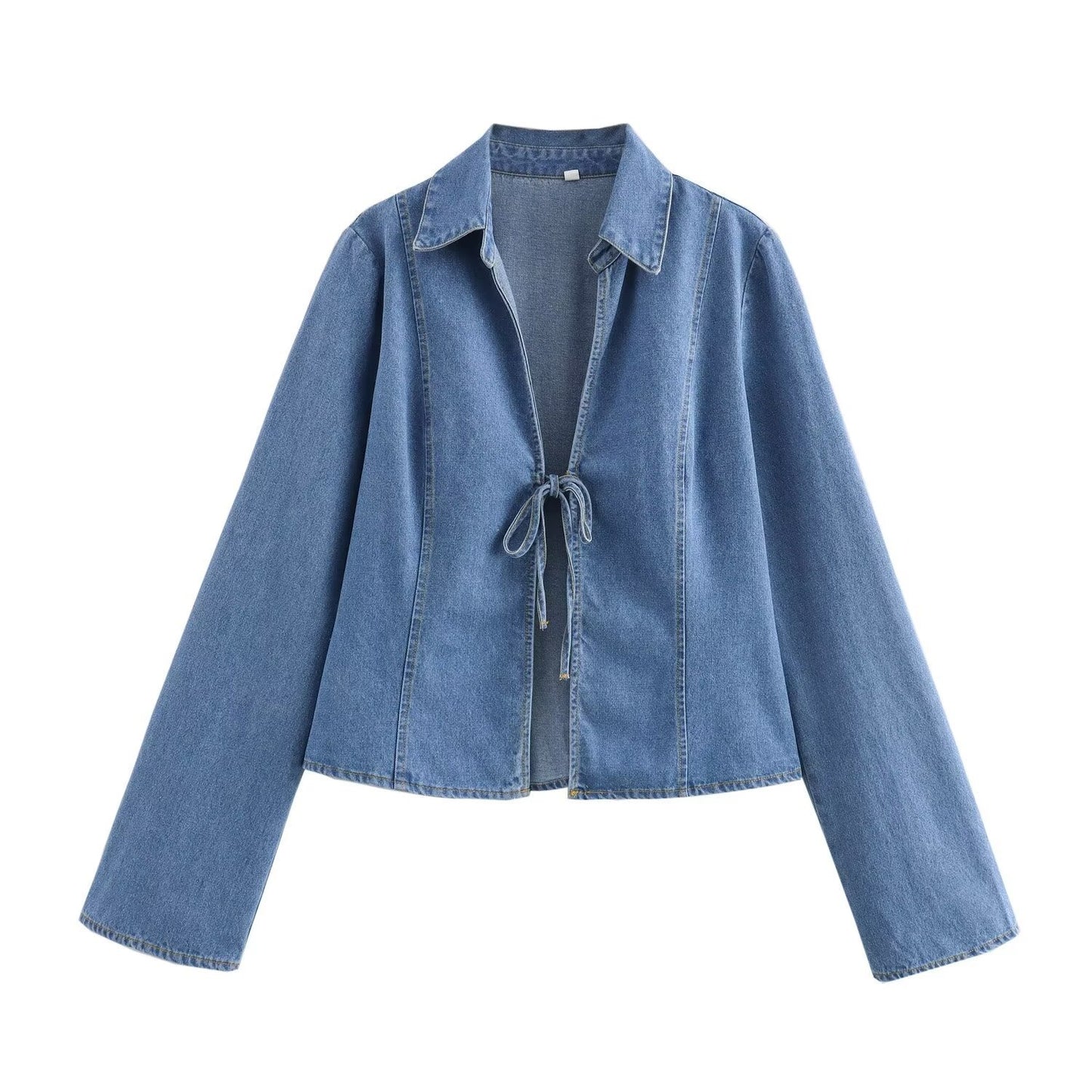 European and American summer new style fashionable lapel long sleeved lace up vintage denim shirt for women