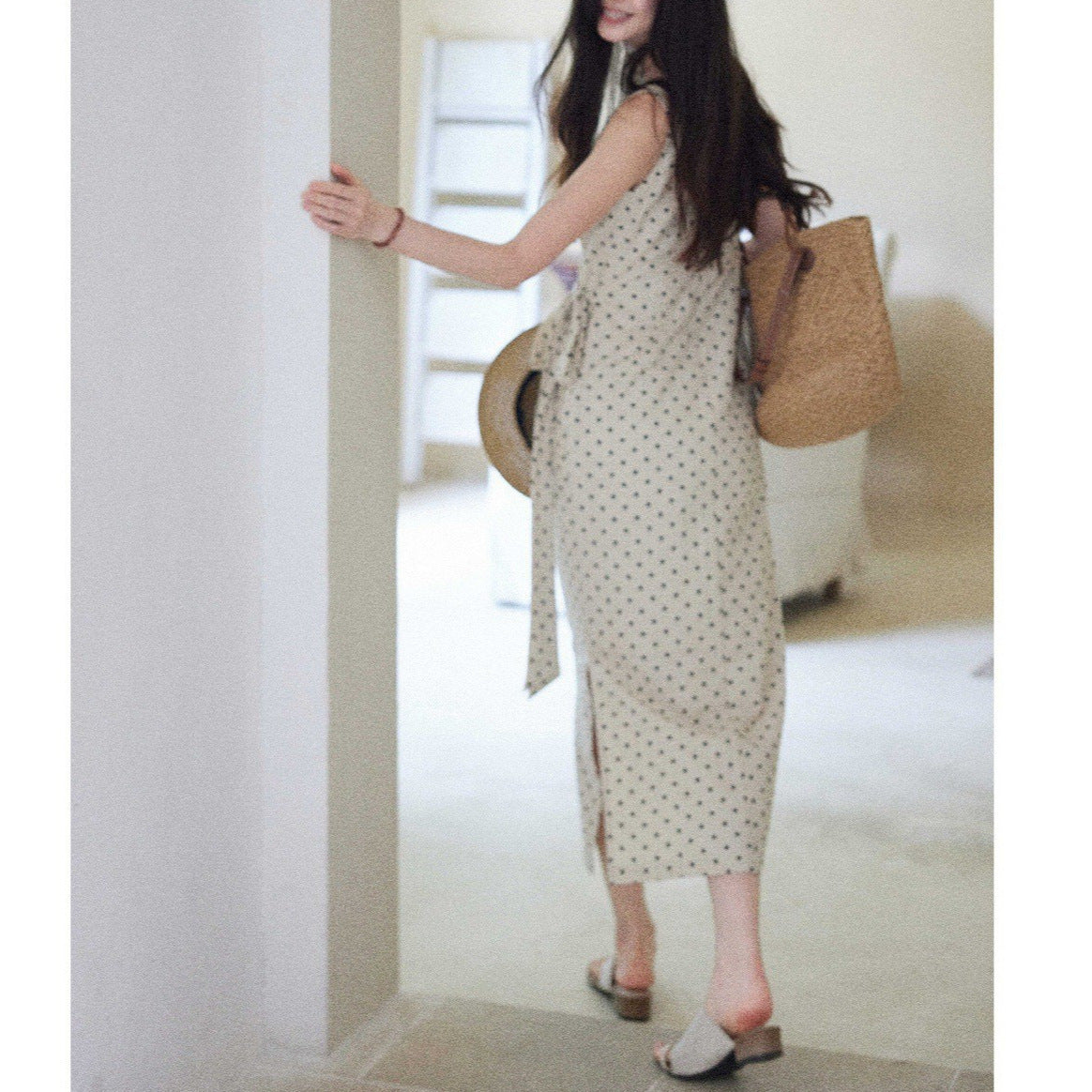 Polka Dot Dress with Side Waist Cinch Linen-Cotton Fabric Long Dress for Women
