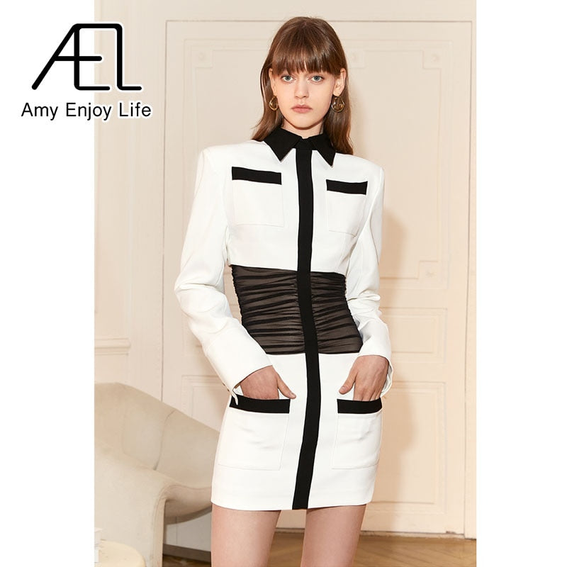 Black And White Collision Color Slim Modern Retro Sexy Black Mesh Waist Dress