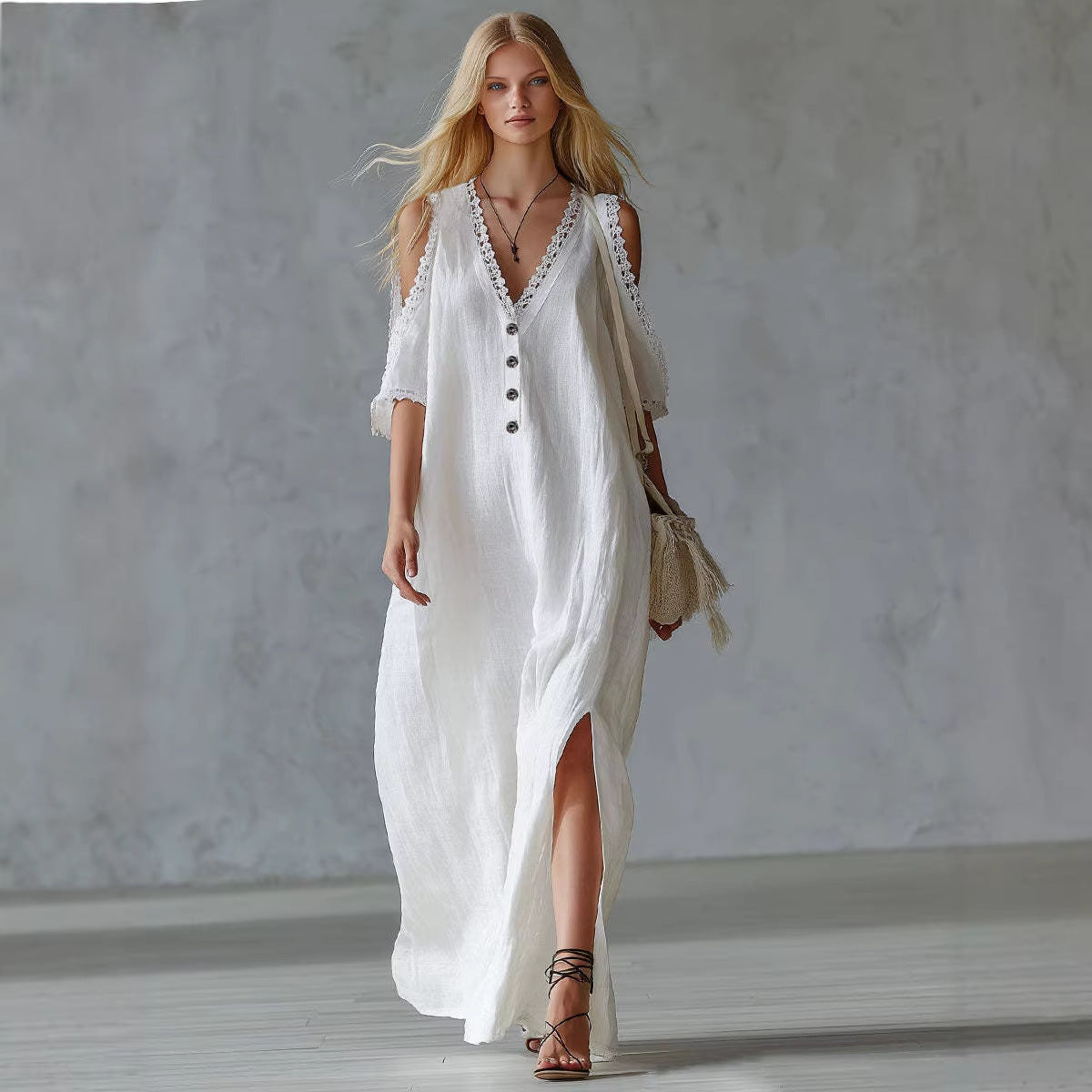 Style Lace Trim Loose Off-Shoulder Casual Women's Dress Long Dress