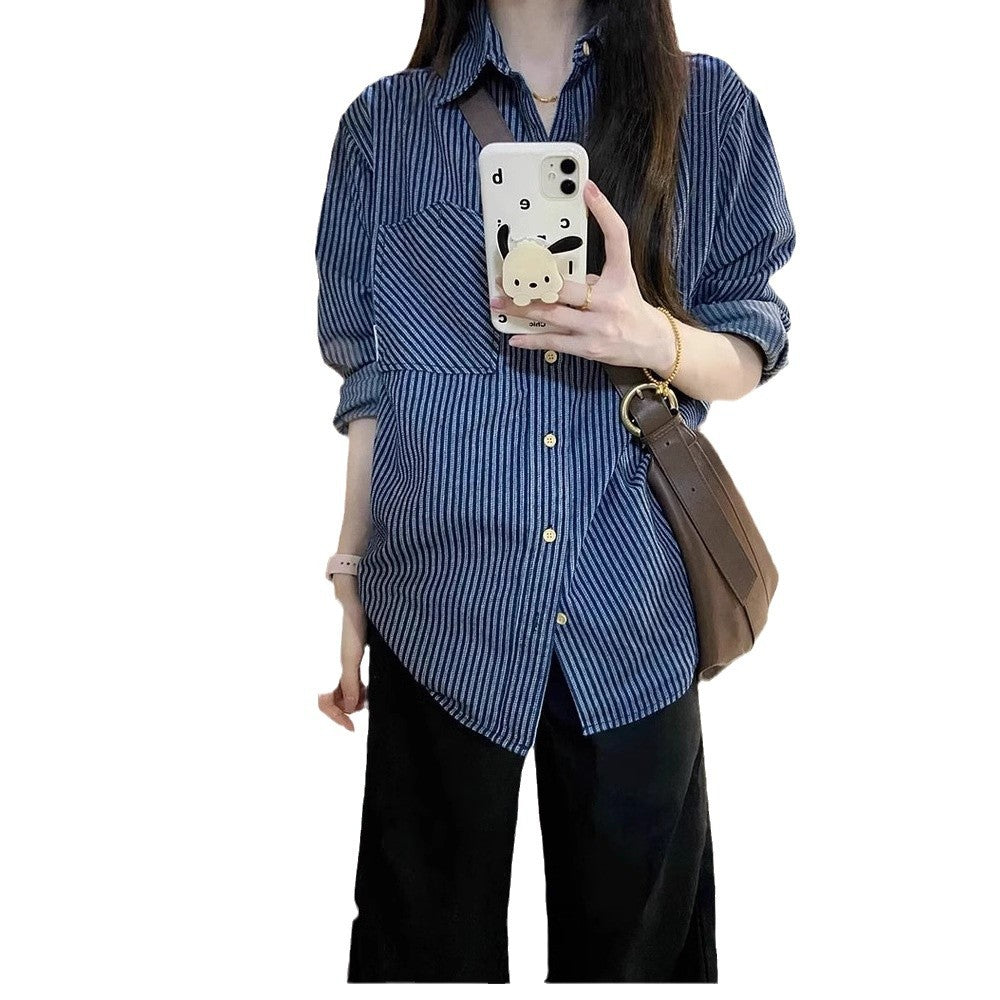 Retro Striped Long Sleeve Women's Shirt Casual Blue Blouse Loose Fit Top