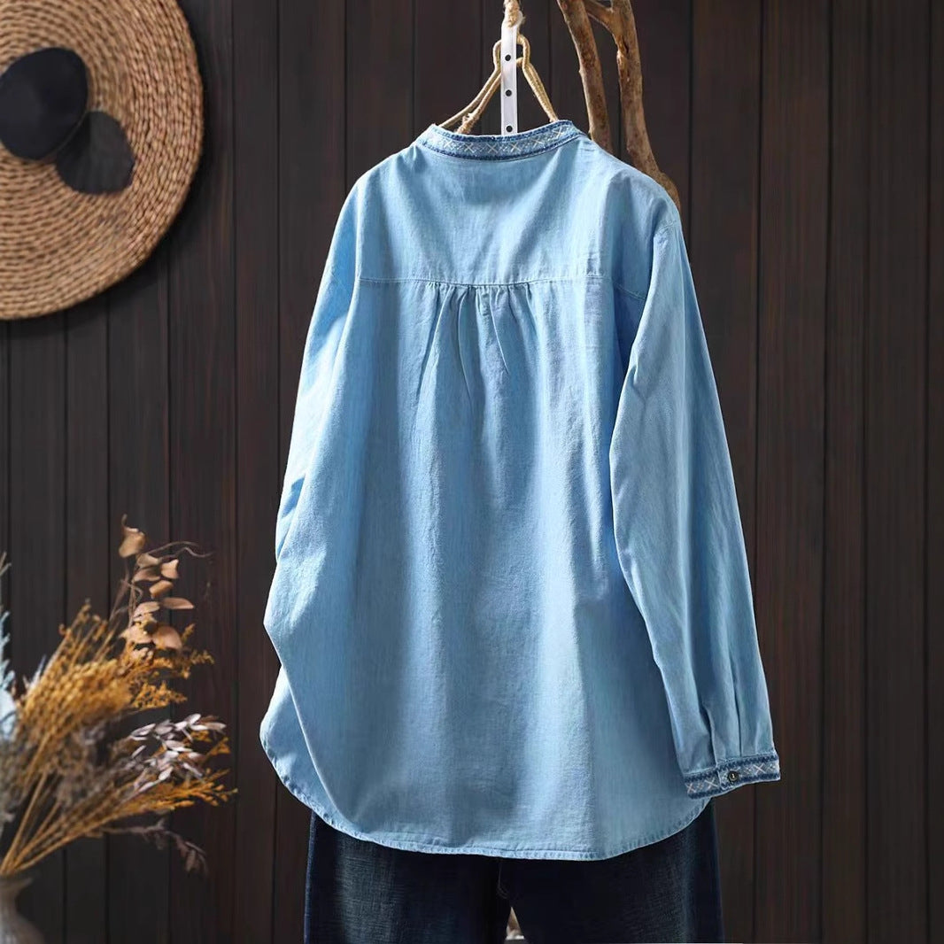 Spring New Cotton Embroidered Stand Collar Denim Shirt Women Loose Long Sleeve Retro Style Pullover Top