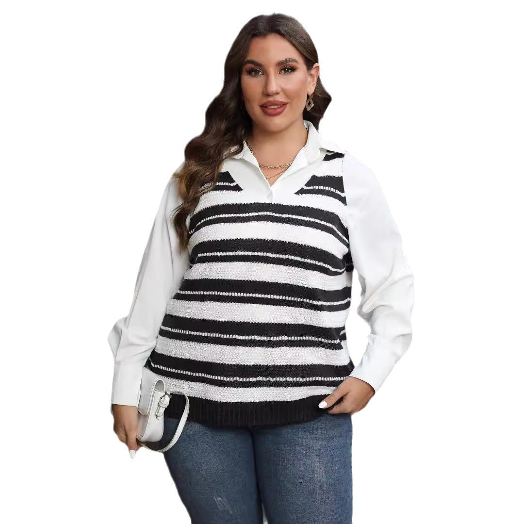 Large size women's striped contrasting splicing casual vest top with woolen vest