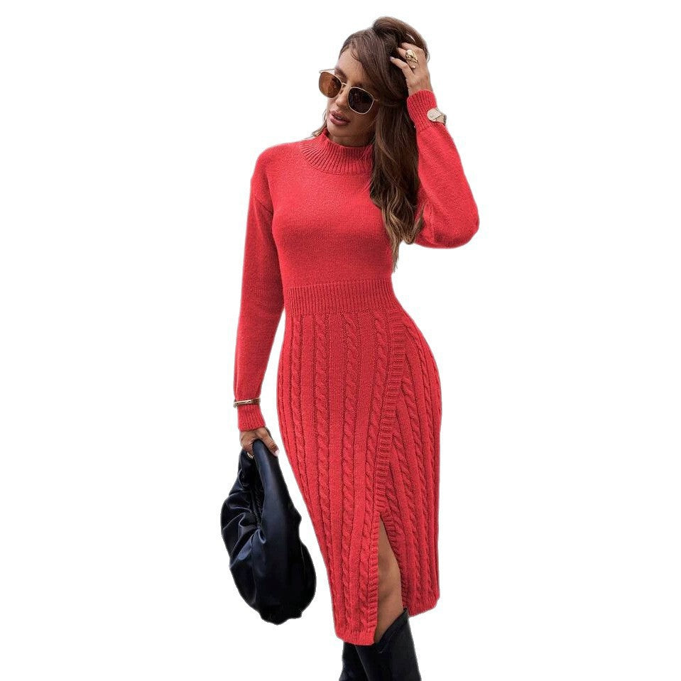 Half high collar knee length slim fit woolen dress