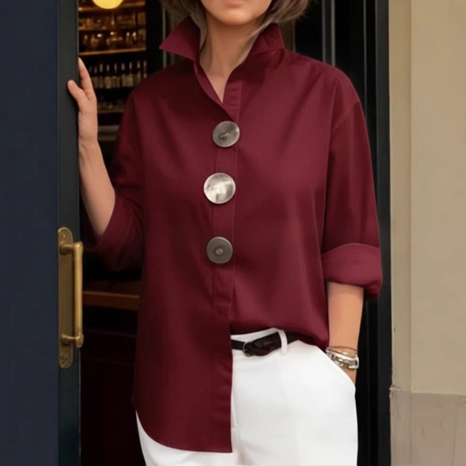 Solid Color Long Sleeve Stand-up Collar Shirt