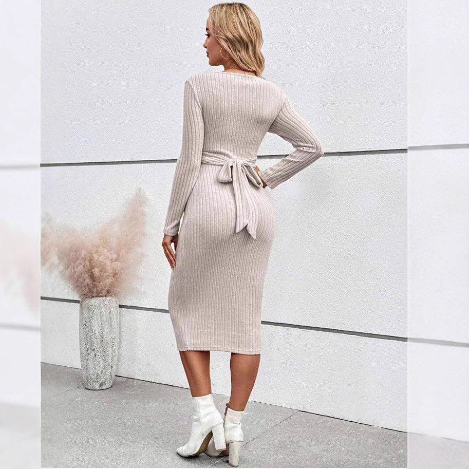 Long Sleeve Maternity Dress Elegant Knot Slim Fit Maternity Dress Full Length Dress