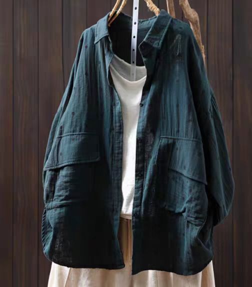 Loose Collar Cotton Shirt Women's Literary Slimming Long Sleeve Jacket Printed Outerwear