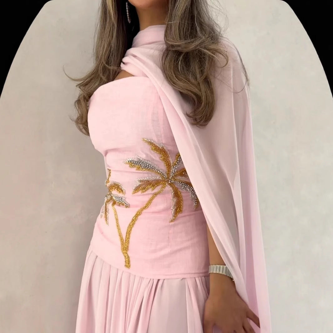 Sexy Chiffon Cape Beaded Evening Dress for Women