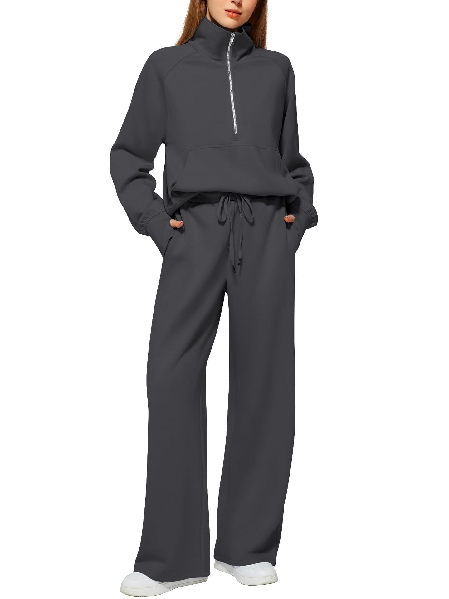 Women's Two-Piece Set with Oversized Half-Zip Hoodie and Wide-Leg Sweatpants Casual Outfit