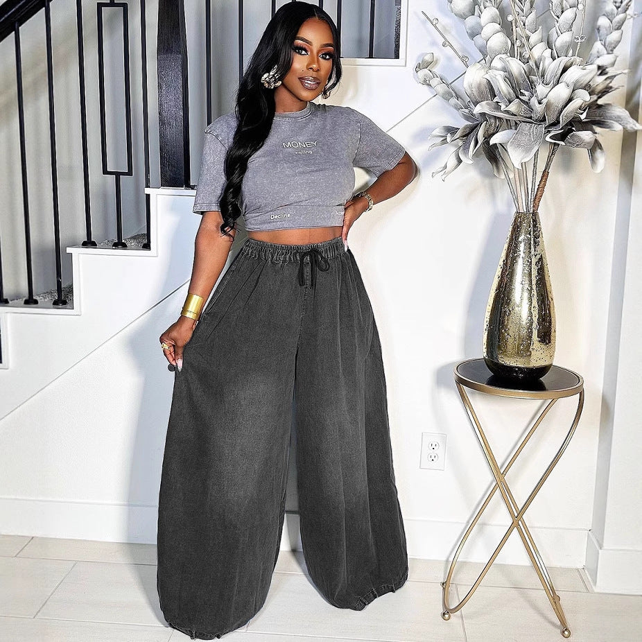 Women's Loose Denim Pants Street Casual Elastic Waist Wide Leg Jeans