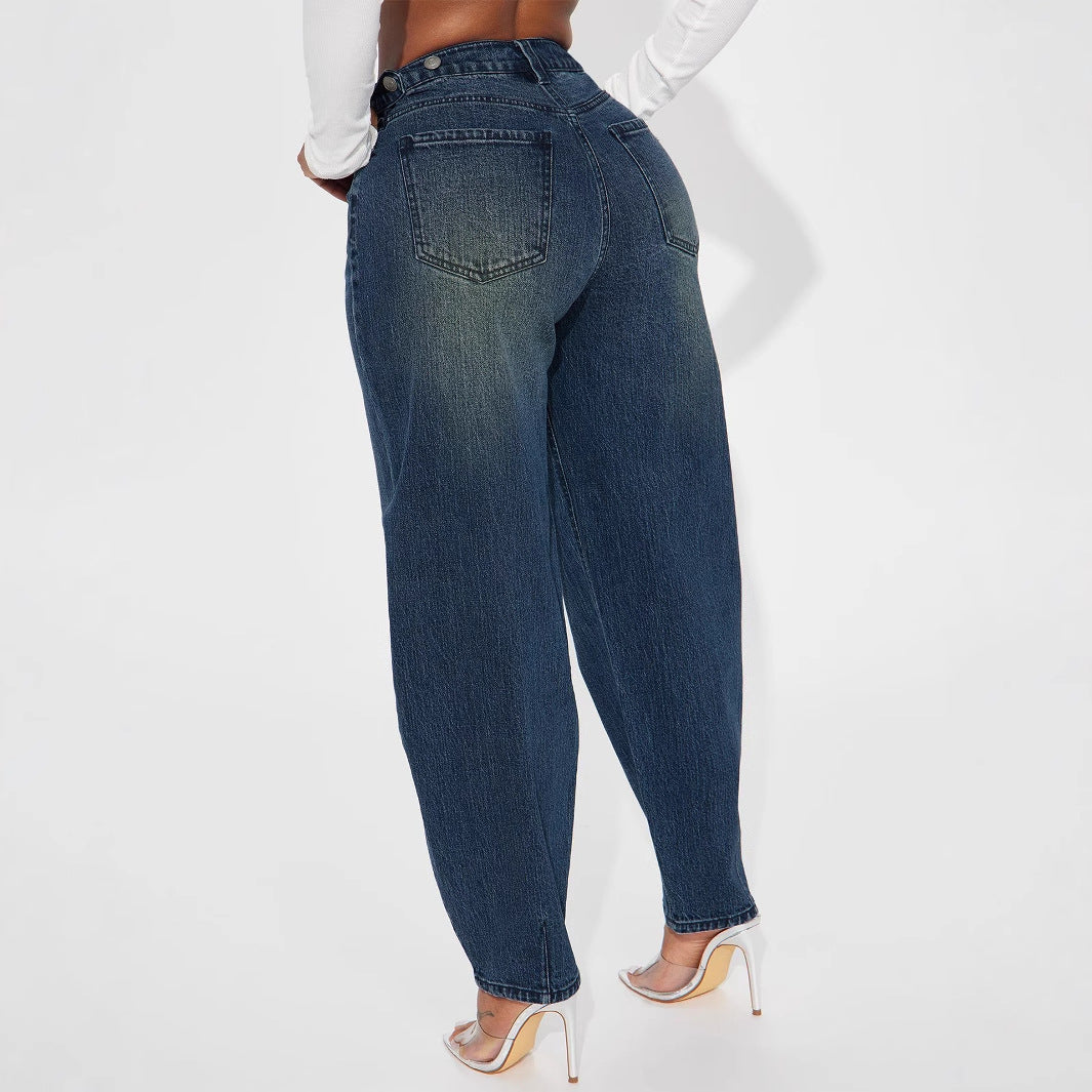 Vintage Lantern Denim Pants Women Washed Blue Loose Casual Harem Pants