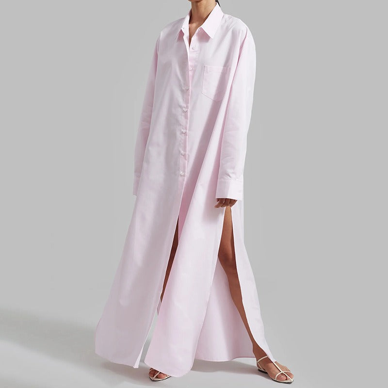 Flip collar side slit design simple long sleeved shirt for women