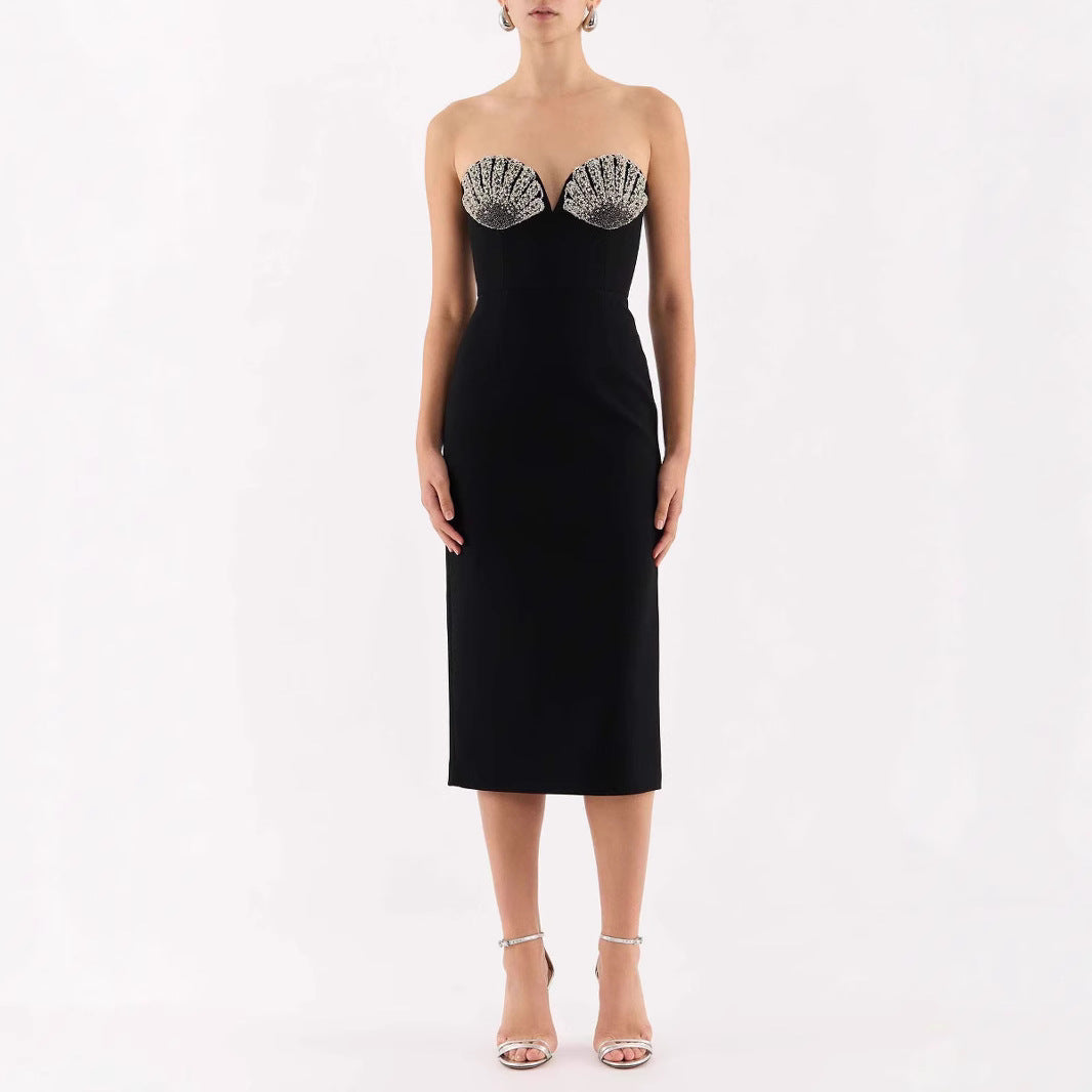 Bandage dress sexy diamond-encrusted strapless evening gown high-end light-luxury and niche evening dress