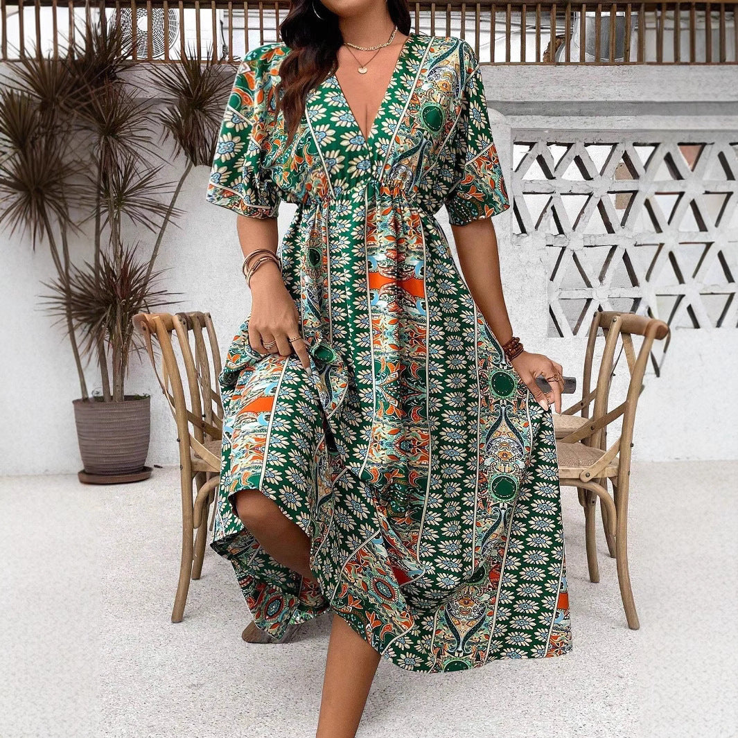 Bohemian Print Dress for Women, Casual Long Sleeve Maxi DressPlus Size Fashion Style