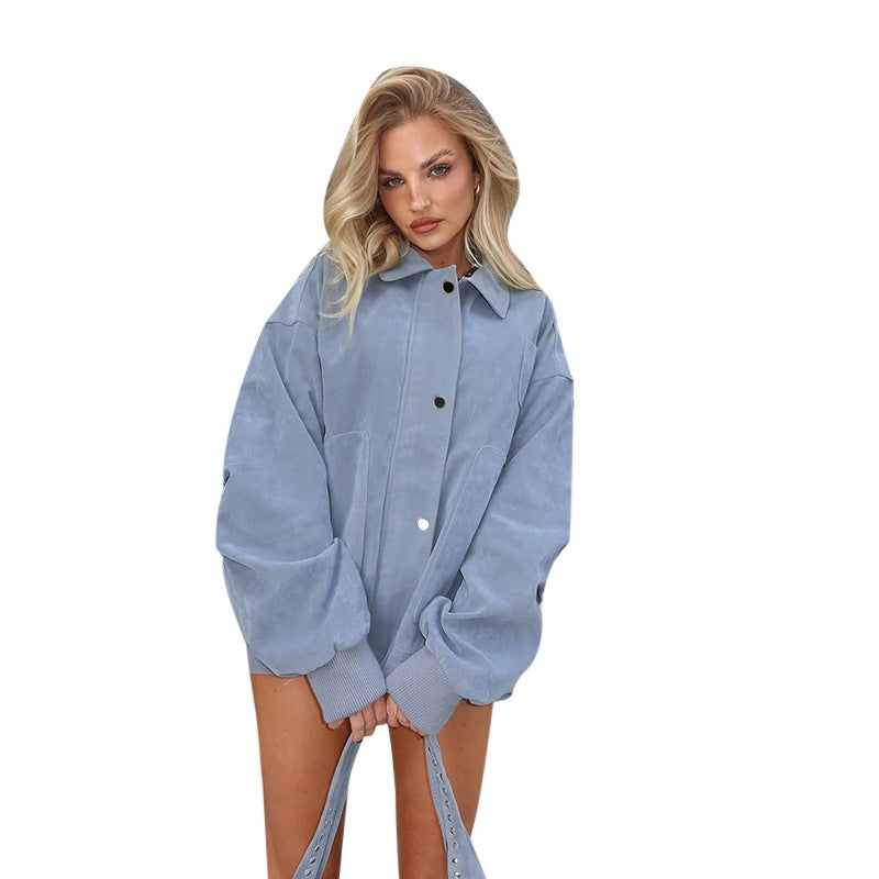 Solid color loose long sleeved polo collar jacket for autumn and winter