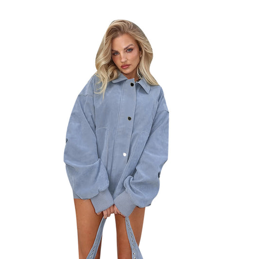 Solid color loose long sleeved polo collar jacket for autumn and winter