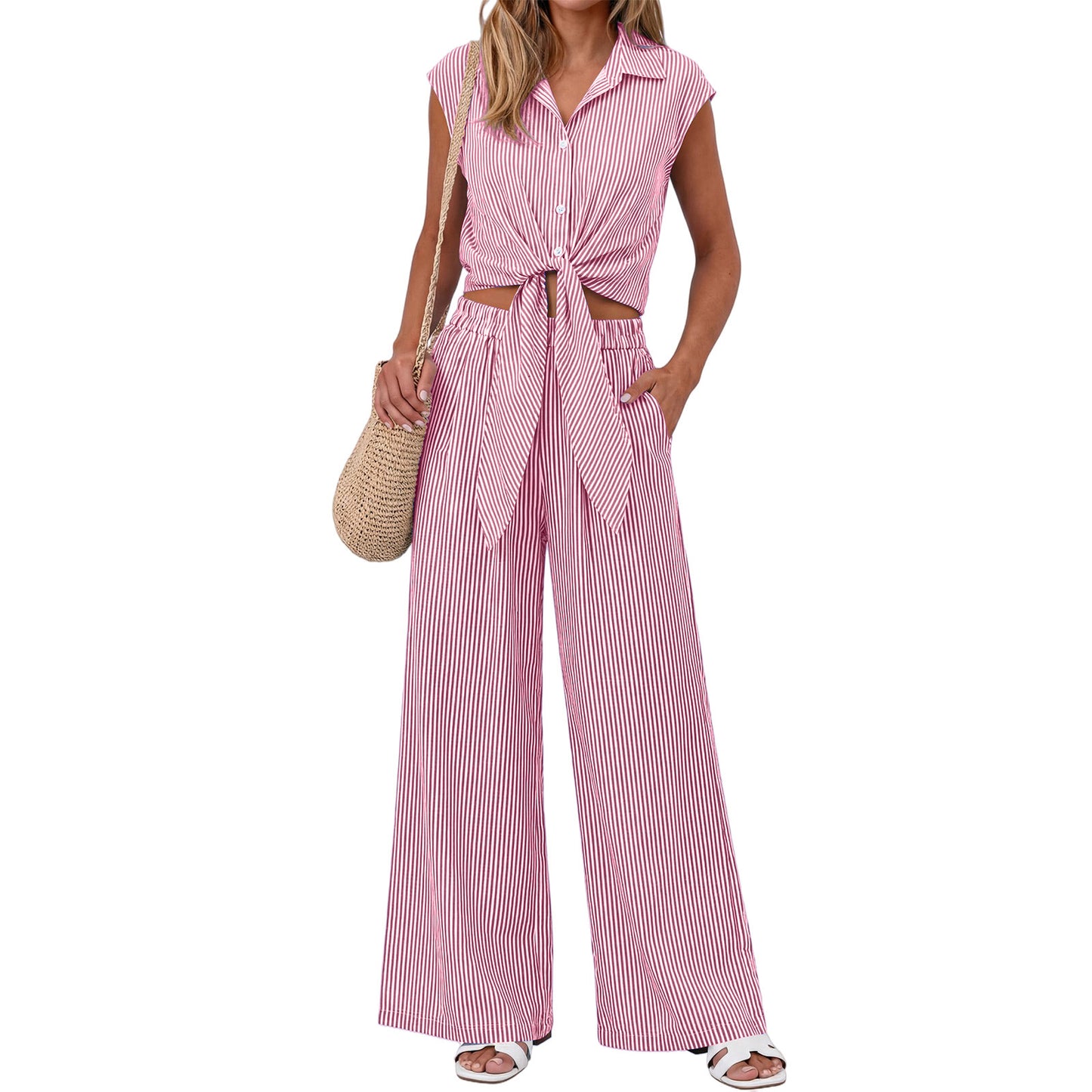 Spring Summer Women's Striped Buttoned Sleeveless Shirt and Pants Set
