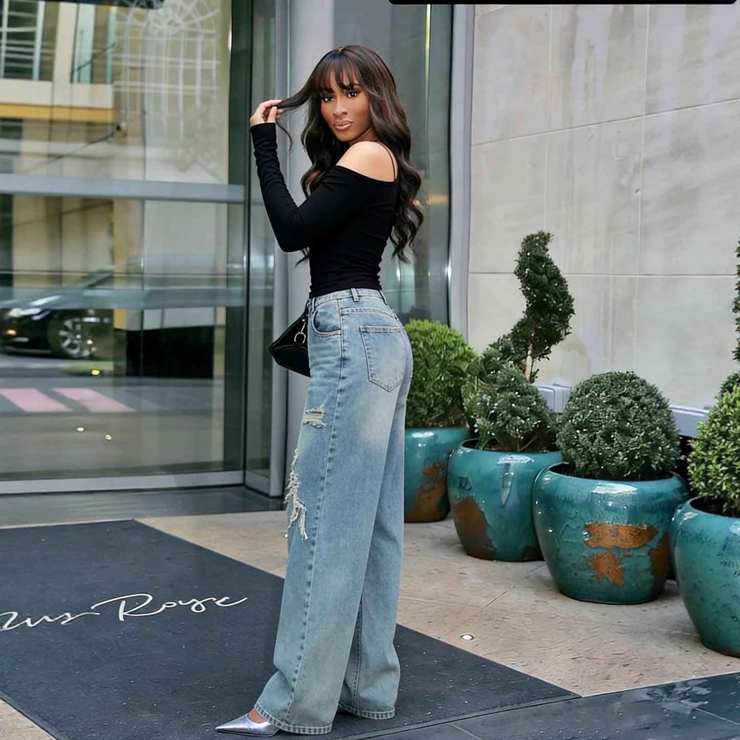 Layered Patchwork Ripped Washed Straight Leg Jeans