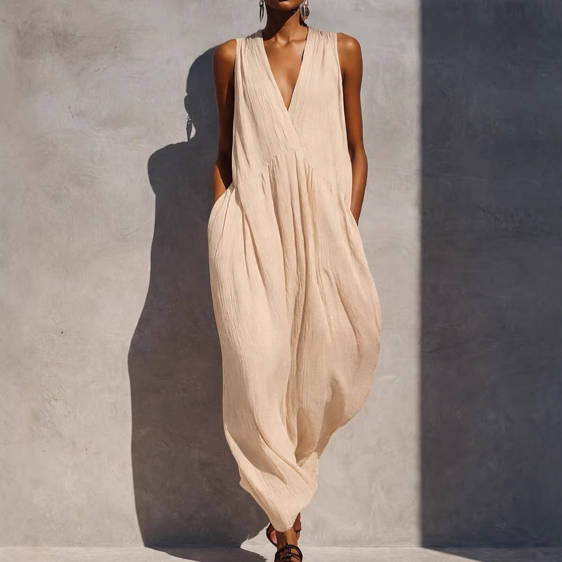 Solid color V-neck dress