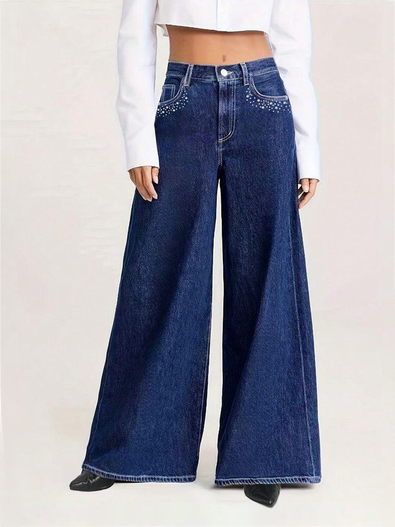 Denim Pants Women Rhinestone Pocket Wide Leg Long Pants